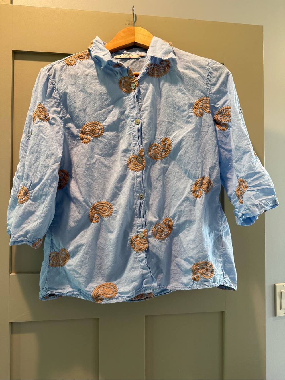 Femme Fatale Light Blue Embroidered Button-Down Shirt with Paisley Embroidery